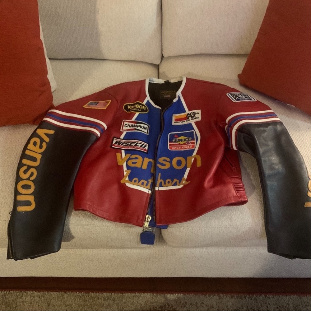Vanson Women's Leather Racing Jacket - Red, Black, and Gold